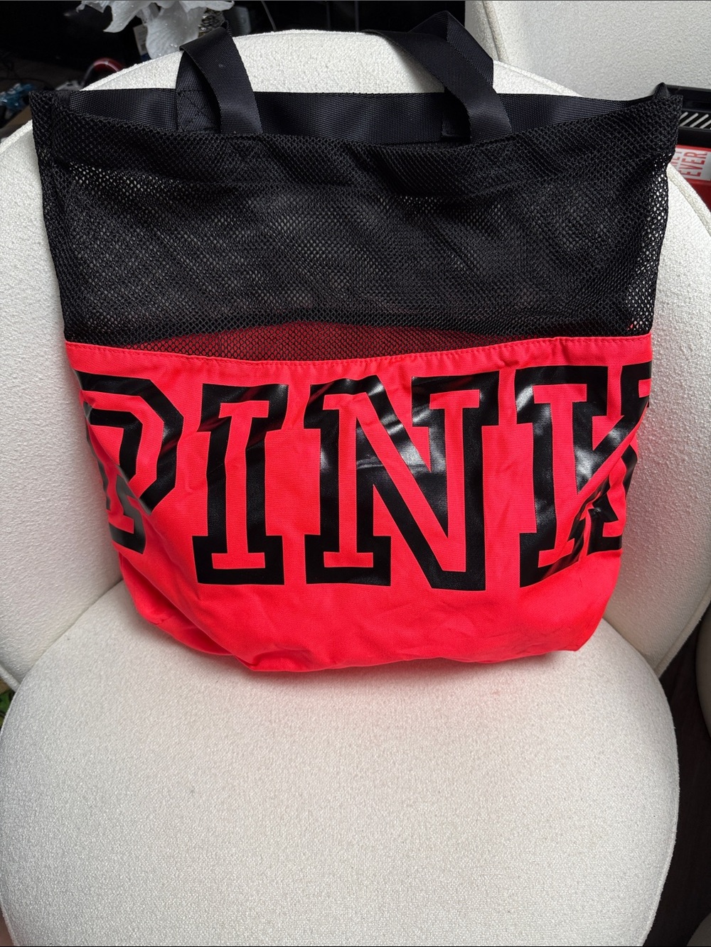 PINK Victoria's Secret Black and Bright Pink Mesh Tote